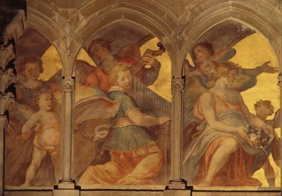 Anges musiciens dans un cloître en trompe-l